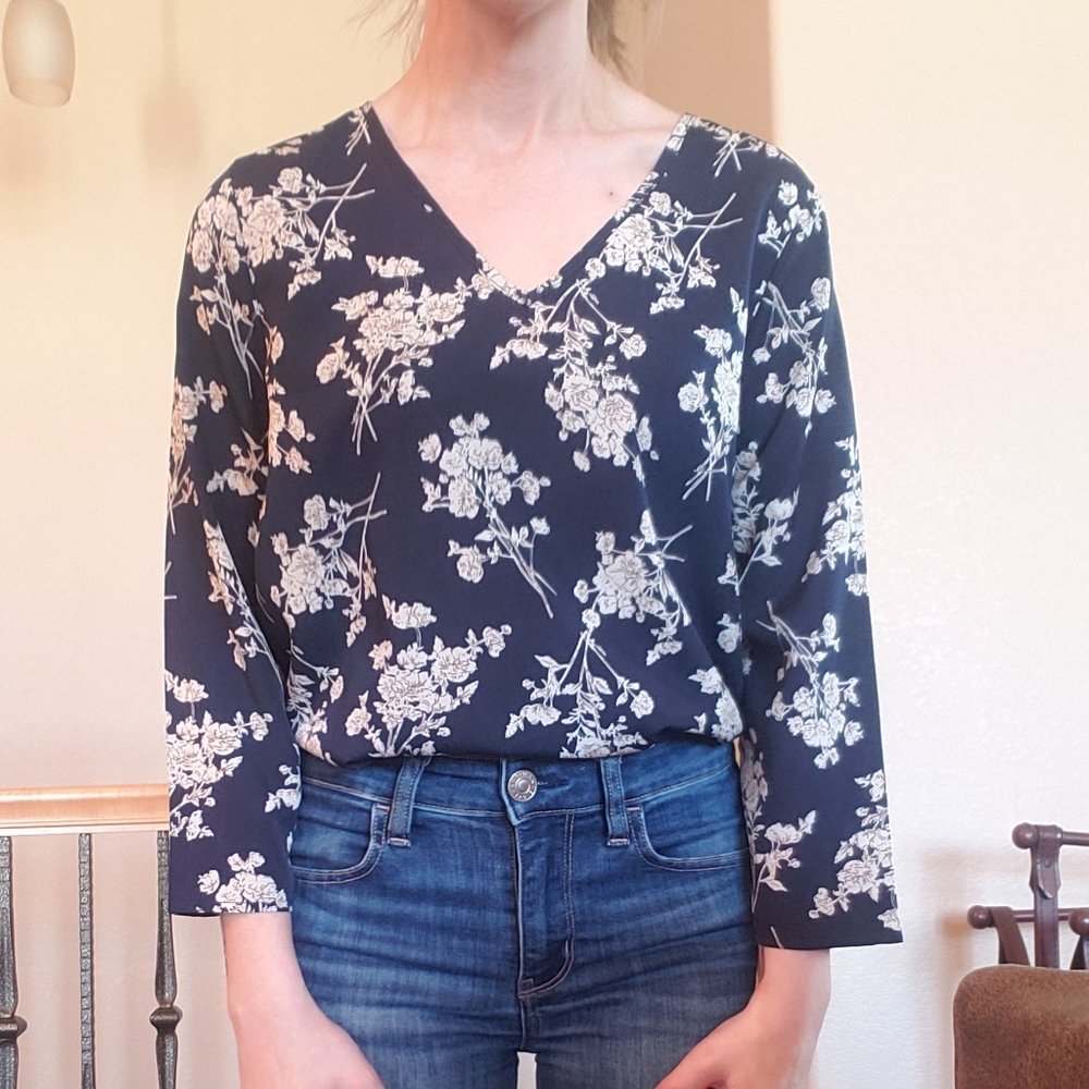 Navy Blue Floral Blouse